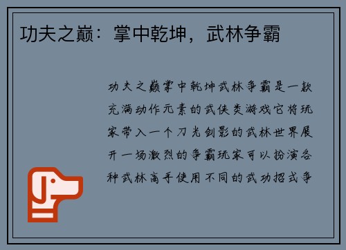 功夫之巅：掌中乾坤，武林争霸